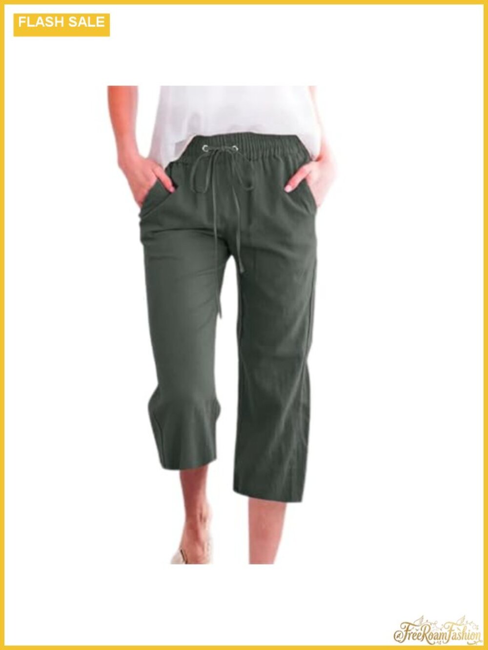 Women's Casual Capri Pants High Waist Drawstring Linen Blend Wide Leg Cropped